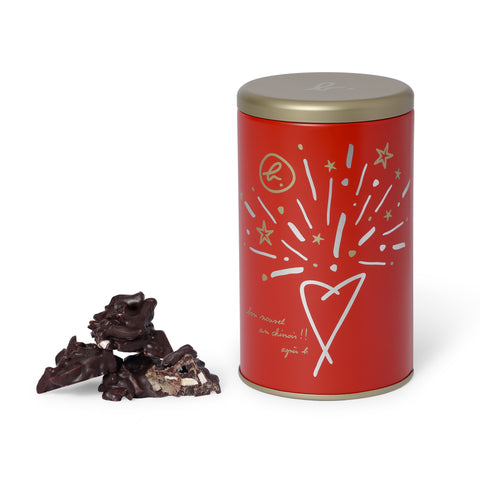 66% Dark chocolate with cranberry, pumpkin seed & nuts in musical tin - agnes b Cafe Delice